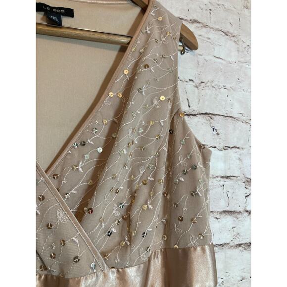 Le Bos Dress Womens 14W Tan Midi Gown Mesh Embroidery Satin Sequins Coquette - Picture 3 of 15